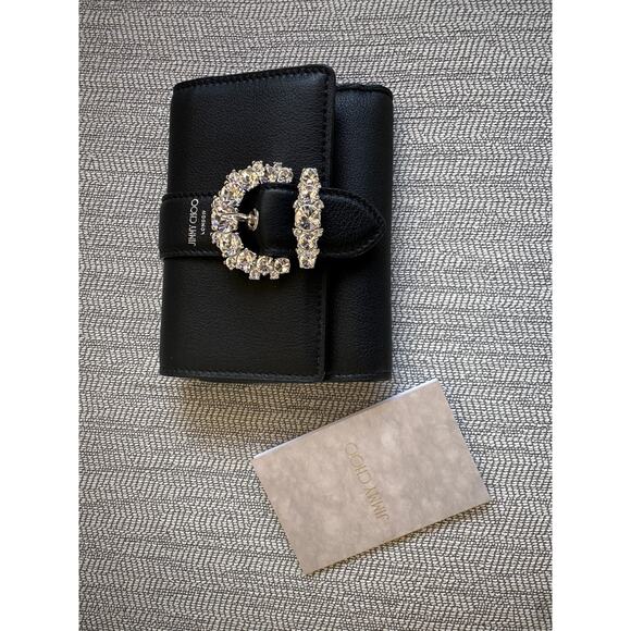 Jimmy Choo Black Leather Trifold Wallet NEW Crystal Jewel Card Holder Small - Picture 3 of 8